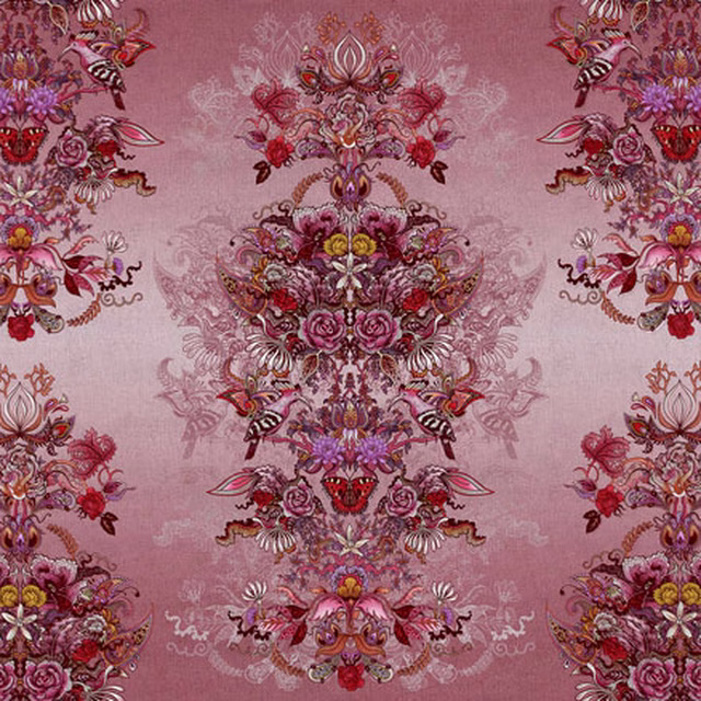 Dusty rose Eden Bloom fabric with ornate mirrored floral bouquets and fine pale tracery