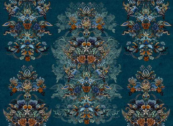 Deep teal Eden Lagoon textile with ornate blue, ivory and ochre floral motifs