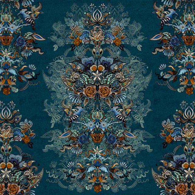 Deep teal Eden Lagoon textile with ornate blue, ivory and ochre floral motifs