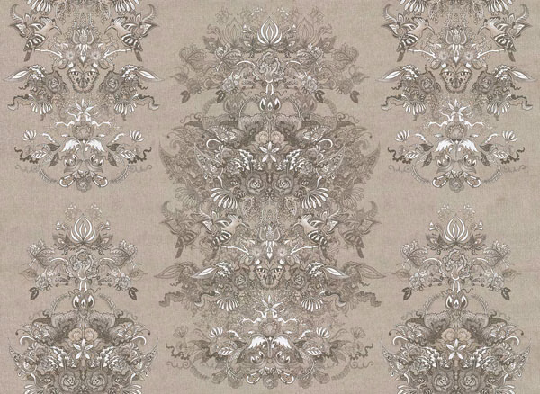 Stone-taupe fabric with symmetrical grey botanical medallions and ivory highlights