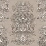Stone-taupe fabric with symmetrical grey botanical medallions and ivory highlights