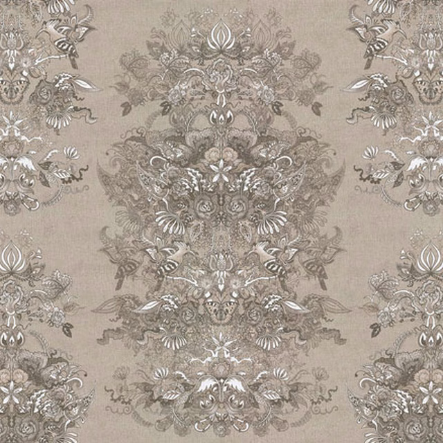 Stone-taupe fabric with symmetrical grey botanical medallions and ivory highlights