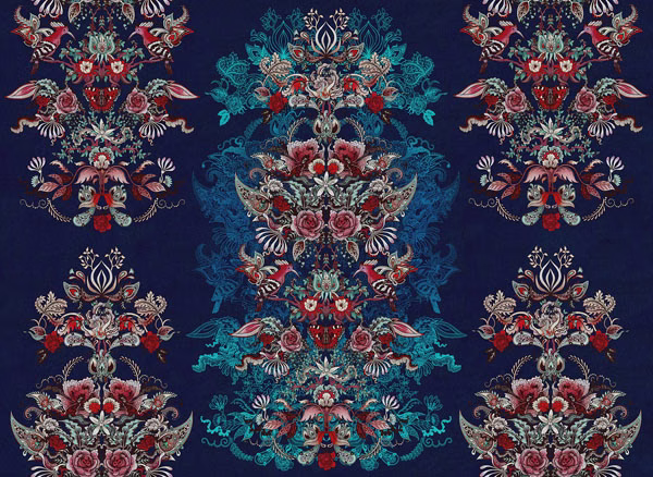 Large symmetrical floral medallions in teal, red and cream on a deep navy ground