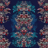 Large symmetrical floral medallions in teal, red and cream on a deep navy ground