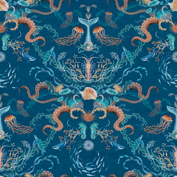 Deep teal-blue fabric with coral, seahorses, jellyfish and shell motifs