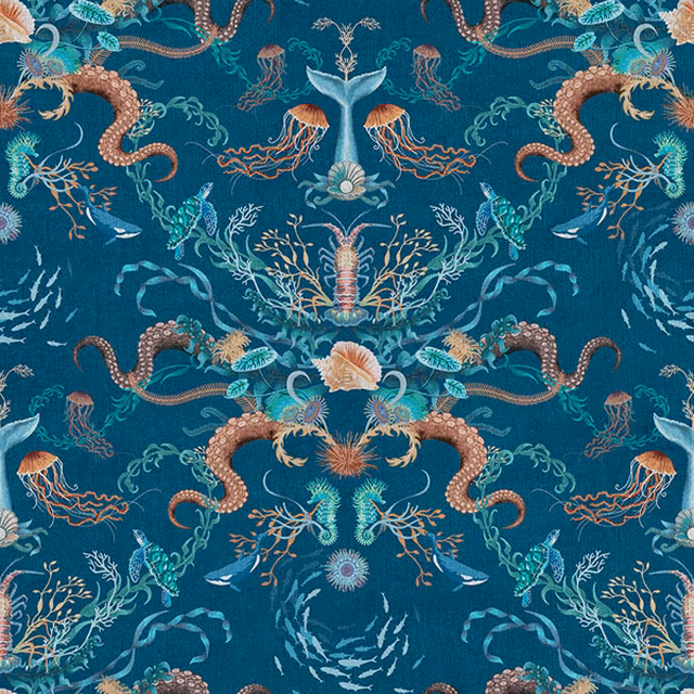 Deep teal-blue fabric with coral, seahorses, jellyfish and shell motifs