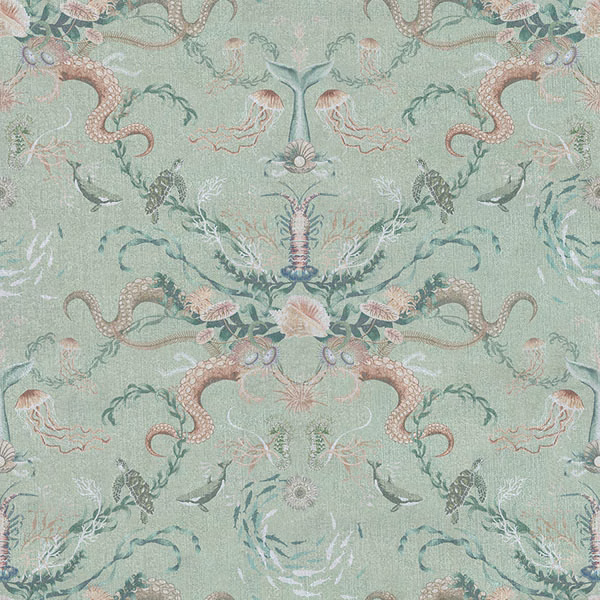 Seafoam woven fabric with coral jellyfish, shells, sea plants and mirrored marine motifs