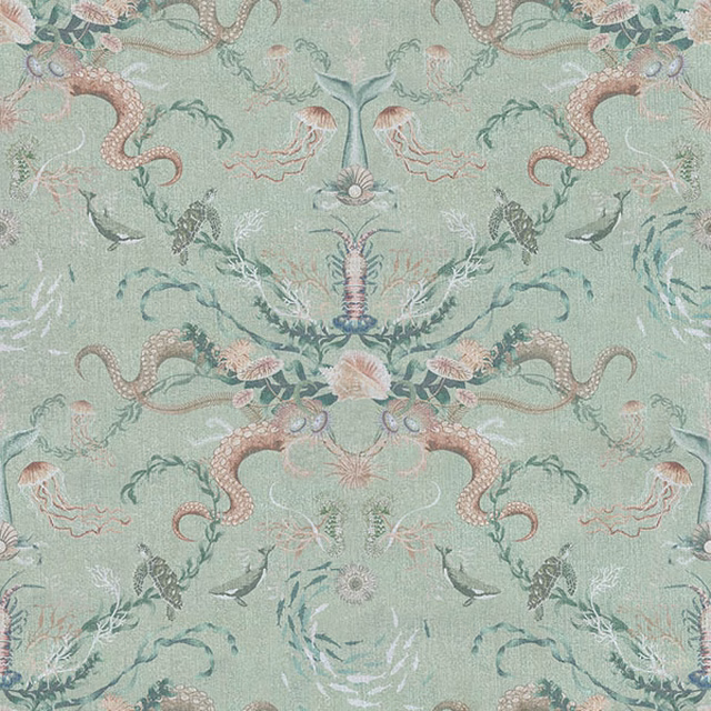 Seafoam woven fabric with coral jellyfish, shells, sea plants and mirrored marine motifs