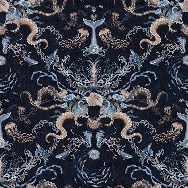 Inky navy sea-life fabric with mirrored seahorses, shells, jellyfish and coral motifs