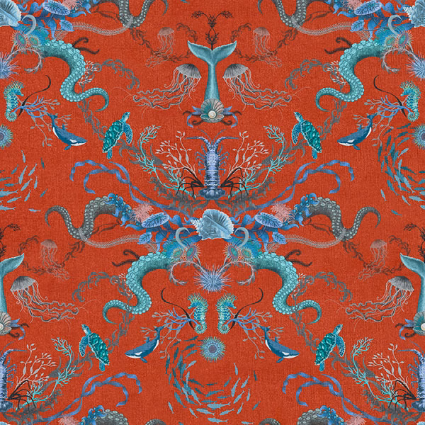 Coral-red textile with turquoise seahorses, fish, shells and branching sea-life motifs