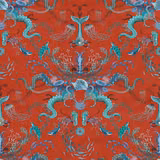 Coral-red textile with turquoise seahorses, fish, shells and branching sea-life motifs