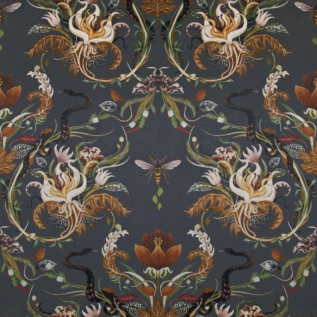 Charcoal textile with mirrored serpents, curling florals and copper, cream and green details