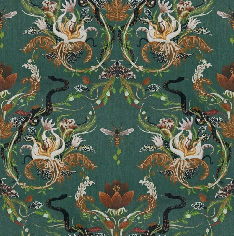 Deep forest-teal fabric with mirrored ivory blooms, black serpents and rust-gold foliage