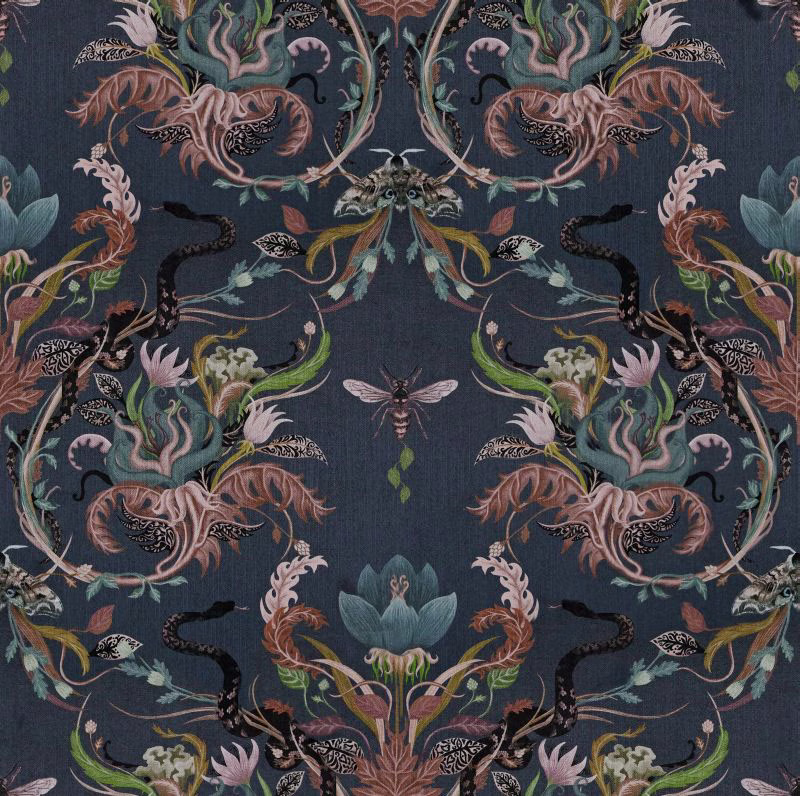 Deep blue-grey textile with mirrored serpents, curling botanicals and fine vertical texture