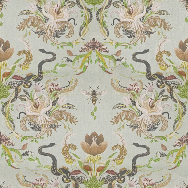 Pale moss woven ground with mirrored serpents, botanical sprays and a central beetle