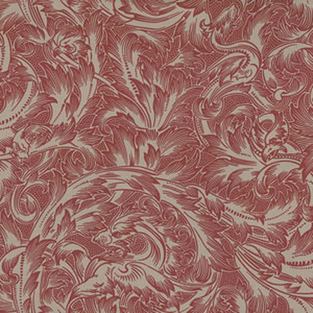 Muted terracotta woven swatch with cream scrolling foliage and fine botanical detail