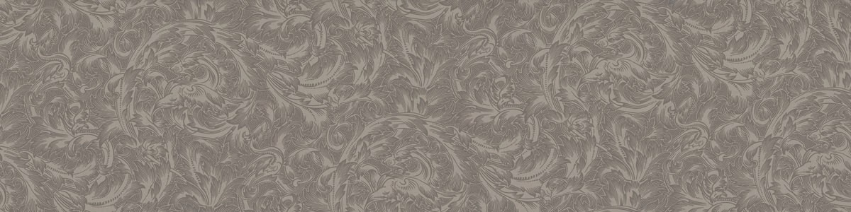 Warm grey woven damask with curling botanical leaves and softly raised texture
