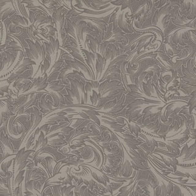 Warm grey woven damask with curling botanical leaves and softly raised texture