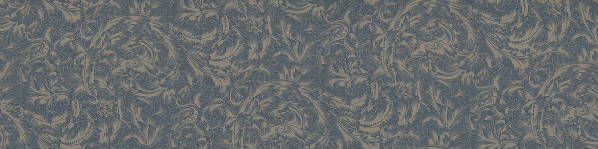 Smoky blue-grey botanical damask with muted taupe curling foliage in a dense woven texture