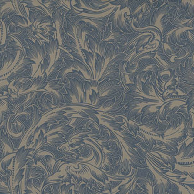 Smoky blue-grey botanical damask with muted taupe curling foliage in a dense woven texture