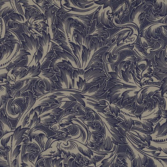 Charcoal blue-grey textile with dense scrolling foliage and softly mottled woven texture