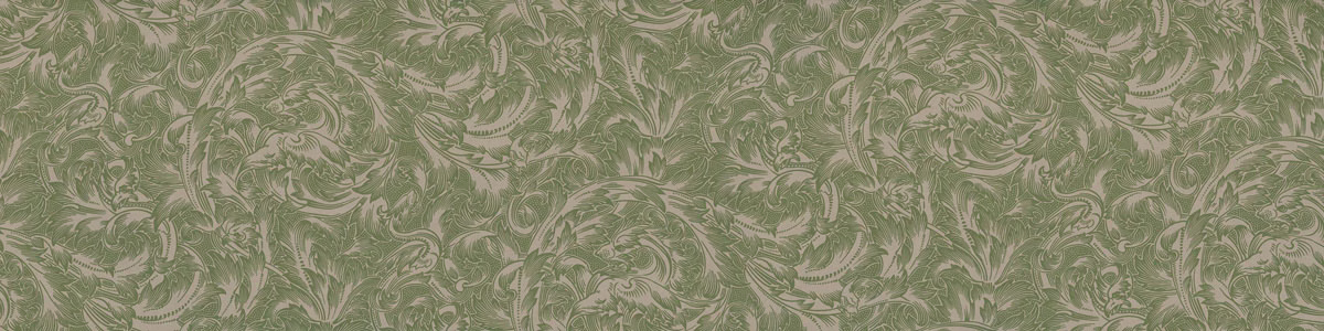 Muted sage-green fabric with dense pale scrolling foliage and lightly textured surface