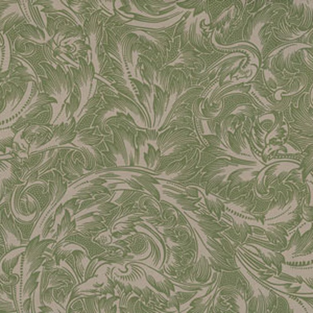 Muted sage-green fabric with dense pale scrolling foliage and lightly textured surface