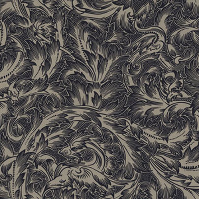 Charcoal-olive textile with dense curling botanical motifs and softly flecked highlights