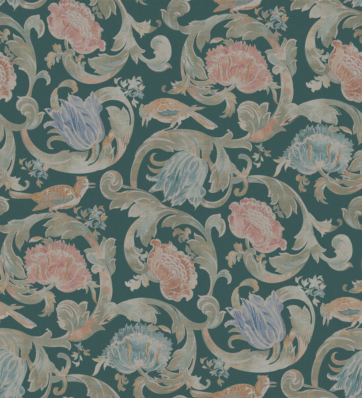 Deep teal floral swatch with blush blooms, blue leaves and pale sage scrolls