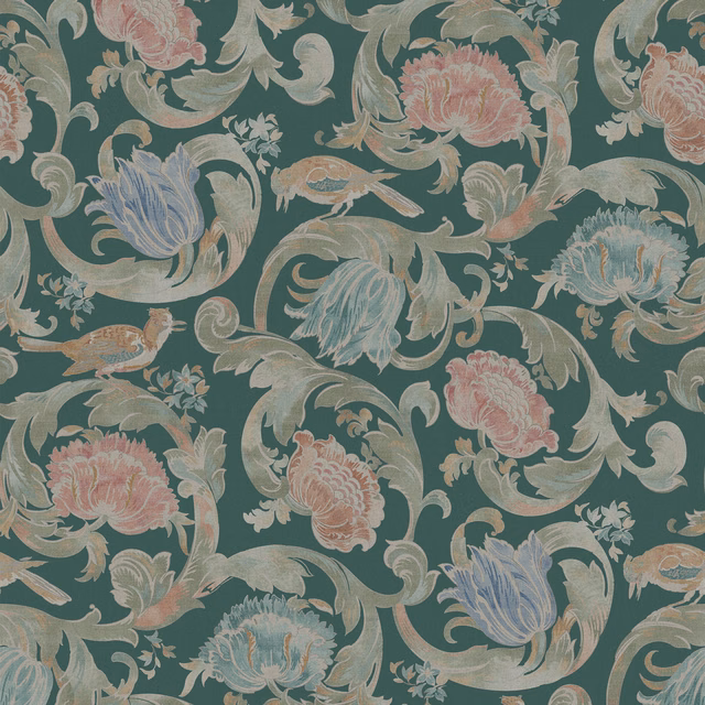 Deep teal floral swatch with blush blooms, blue leaves and pale sage scrolls