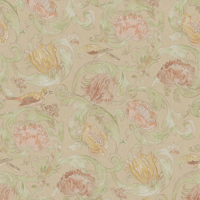 Pale sage floral fabric with peach blooms, ochre petals and curling leafy stems