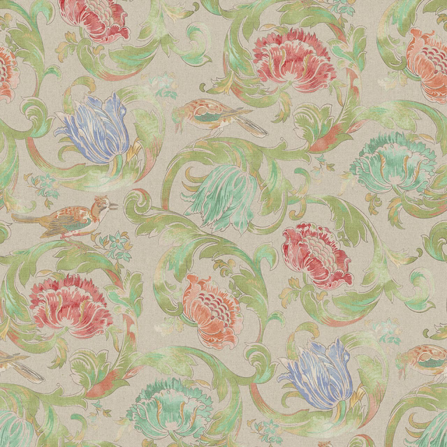 Pale sage floral swatch with coral blooms, mint leaves and scrolling vines