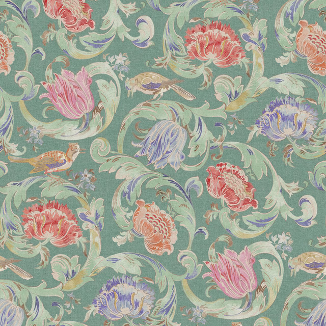 Muted sea-green fabric with coral blooms, lilac flowers, birds and curling foliage