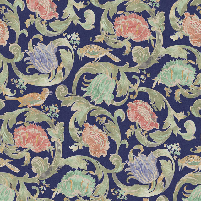 Deep navy fabric with coral blooms, sage foliage, pale blue flowers and birds