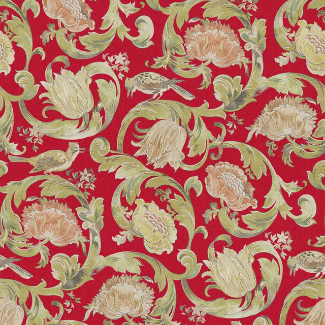 Deep crimson fabric with pale olive scrolls, cream flowers and small birds