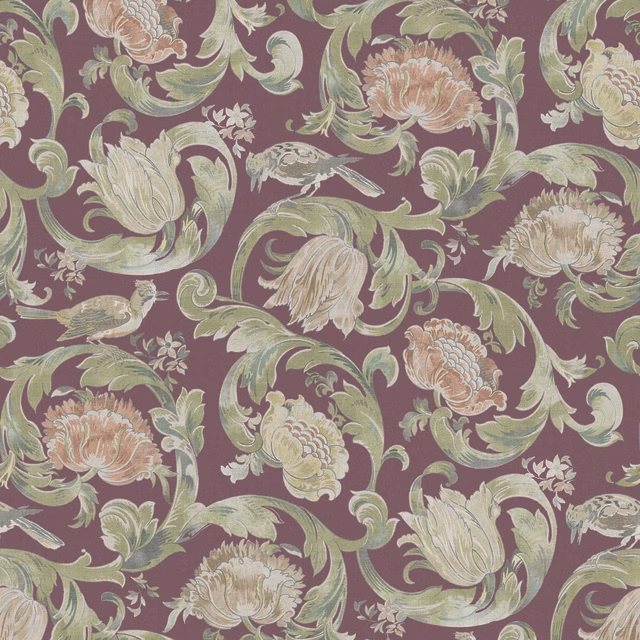 Muted mauve floral swatch with sage scrolls, cream blooms and peach accents