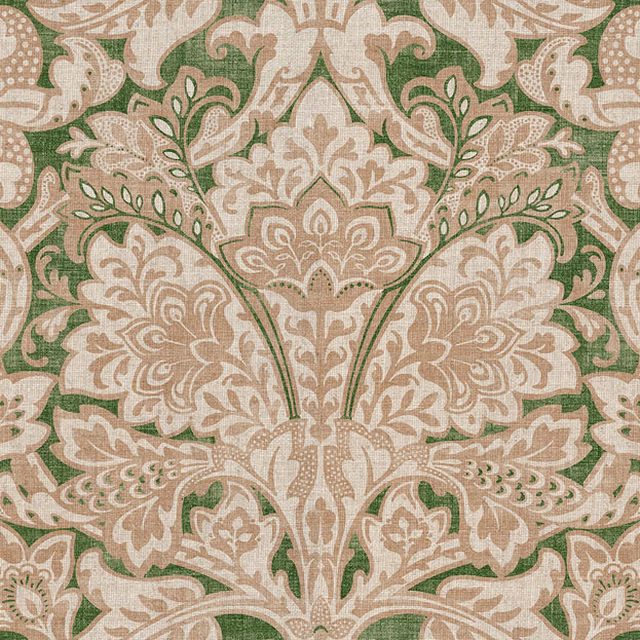 Beige and sage woven floral fabric with ornate taupe scrolling paisley motifs