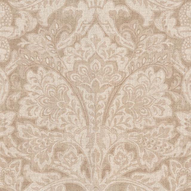 Warm beige and taupe damask with pale scrolling leaves and softly textured weave