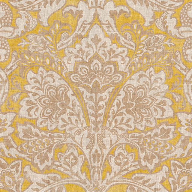 Muted ochre-gold damask with cream and taupe scrolling floral weave