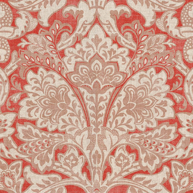 Muted coral-red and cream damask with taupe scrolling foliage and woven texture