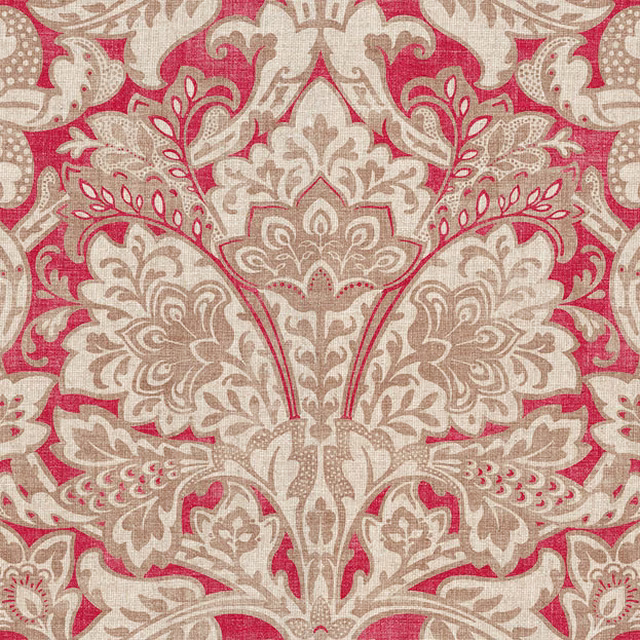Muted raspberry-red damask with taupe and ivory scrolling floral motifs