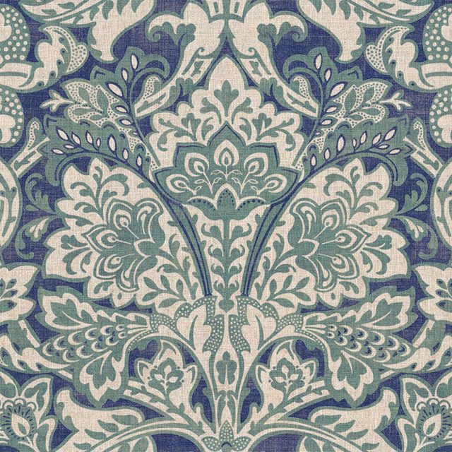 Muted blue, cream and sage paisley florals in a dense scrolling repeat