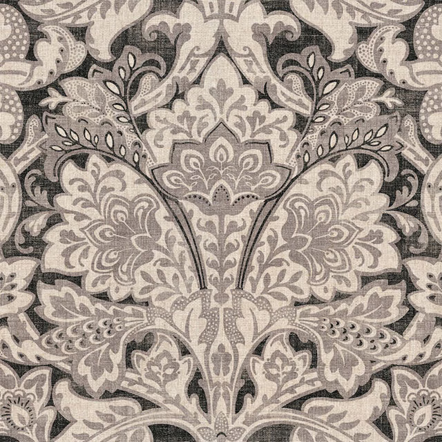 Warm grey Lewis VII textile with charcoal paisleys, pale floral scrolls and woven texture