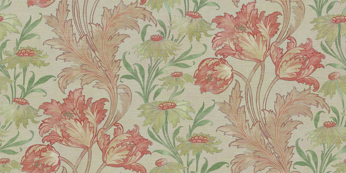 Pale green woven ground with coral flowers, sage leaves and scrolling beige stems