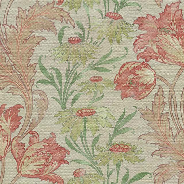 Pale green woven ground with coral flowers, sage leaves and scrolling beige stems
