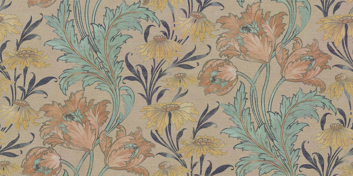 Muted sage and peach floral vines with mustard blooms on a beige woven ground