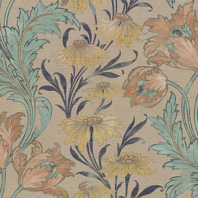 Muted sage and peach floral vines with mustard blooms on a beige woven ground