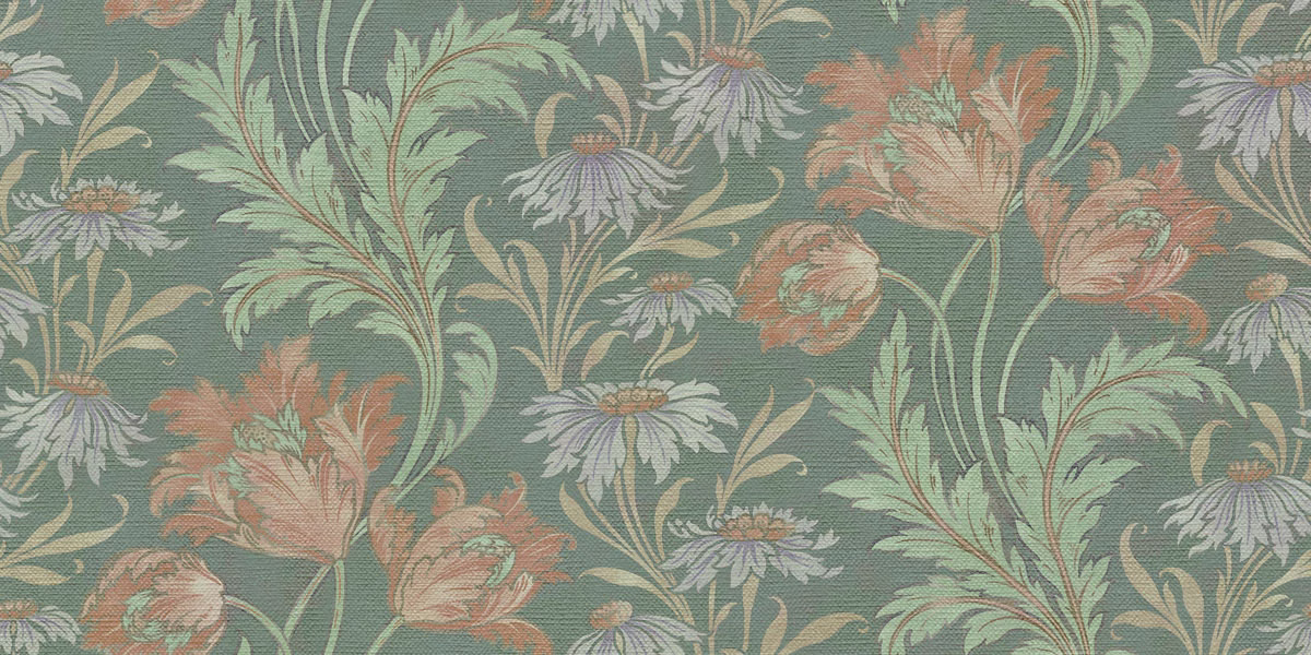 Muted sage-teal floral fabric with peach blooms, ivory leaves and fine woven texture