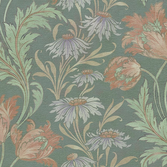 Muted sage-teal floral fabric with peach blooms, ivory leaves and fine woven texture