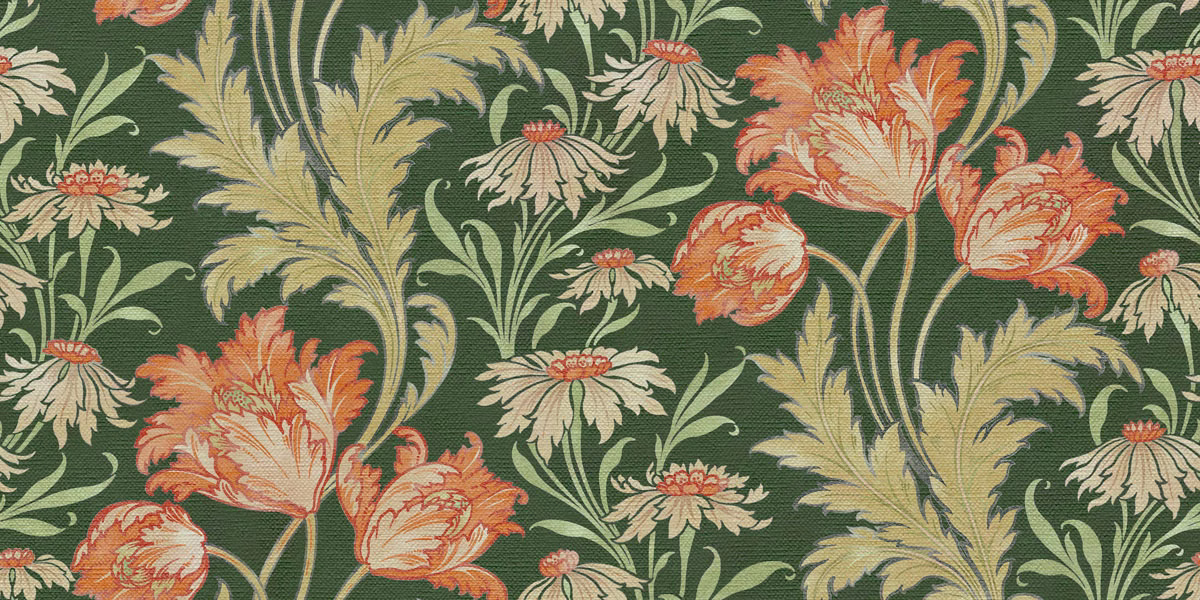 Deep moss green Rowe IV fabric with coral flowers and pale botanical leaves